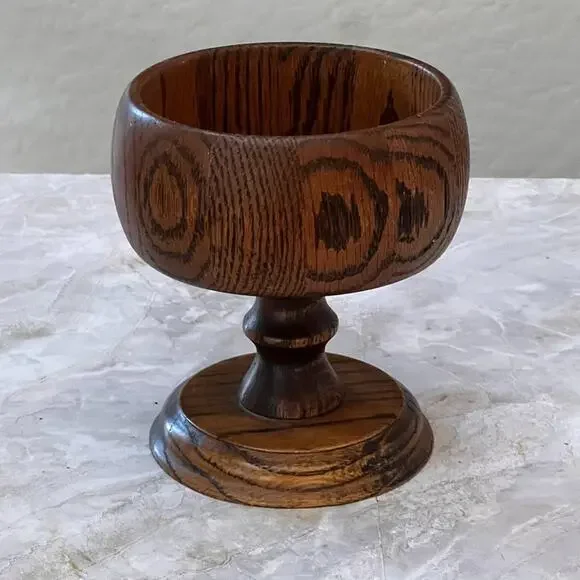 Vintage Rustic Oak Wood Pedestal Bowl 6" Tall Display Decor - Picture 2 of 7